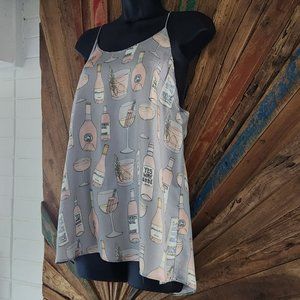 Cyn Bottle and glass Rose bubbles novelty print silk blouse/shirt/cami Sz M